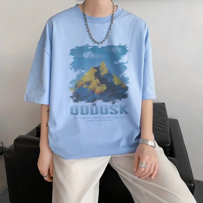 YICKYUE  -  Men's Cotton T-shirts White 5XL Mens Oversized T Shirt Summer Casual Wear Letter Mountain Print Tee Shirts for Men Male Clothes