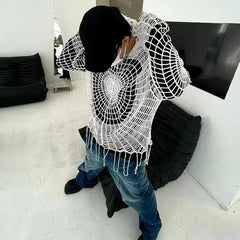 Hearujoy Y2k Clothes Spider Web Hollow Hole Design Trendy Men LGBT Streetwear Hooded Pullover Knit Top Sweater Mens Korean Fashion свитер