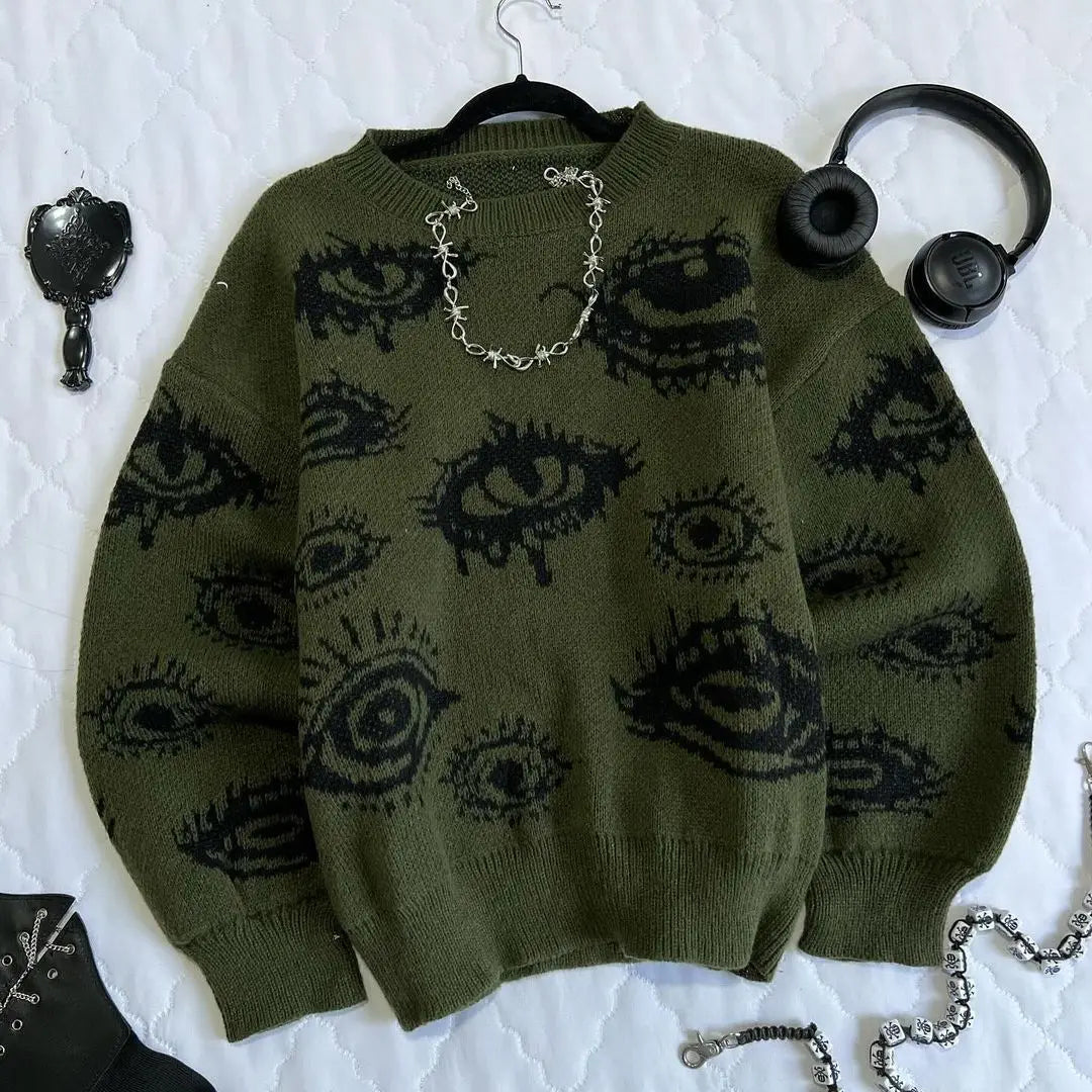 Hearujoy Gothic Punk Oversized Eye Pattern Sweaters for Men and Women Autumn and Winter Thickened Sweatshirts Knitted Sweater Streetwear