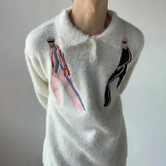 Hearujoy Mens Autumn Winter Lazy Style Thickened Embroidered Knitted Sweater Essential Gender-Neutral Loose Lapel Niche Knitted Sweater