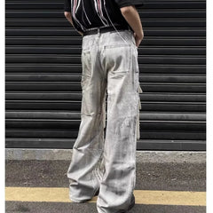 Hearujoy American retro distressed dirty multi-pocket jeans for men and women high street y2k loose trendy floor-length straight trousers