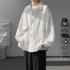 YICKYUE  -  Men's Solid Color Long Sleeve Casual Shirt M-XXXXXL Single Breasted Pocket Loose Fit Blouse Spring Autumn Top Streetwear