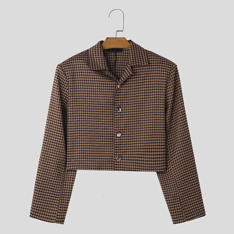 HEARUJOY  -  French Style Men Short Jacket Fashion Luxury Thousand Bird Grid Pattern Tops Spring Autumn  Vintage Loose Little Coat Streetwear