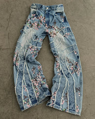 Hearujoy Y2k Retro Streetwear Cherry Blossom Stripe Embroider Baggy Jeans Women High Street Punk Patchwork Wide Leg Denim Pants Men Jeans