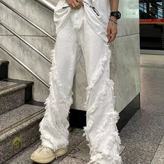 Hearujoy Raw edge white jeans couple American style high street vibe structure design straight high-end fashion loose retro long trousers