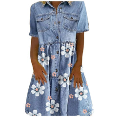 HEARUJOY  -  Women Elegant Turn-Down Collar Denim Dress Spring Floral Print Button Shirt Dress Summer Short Sleeve A-Line Party Dress Vestido