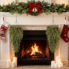 YICKYUE  -  4-Pack Artificial Christmas Tree Branches Teardrop Fir Garland with Pine Cones Plastic Hanging Swags Xmas Door Fireplace Decor