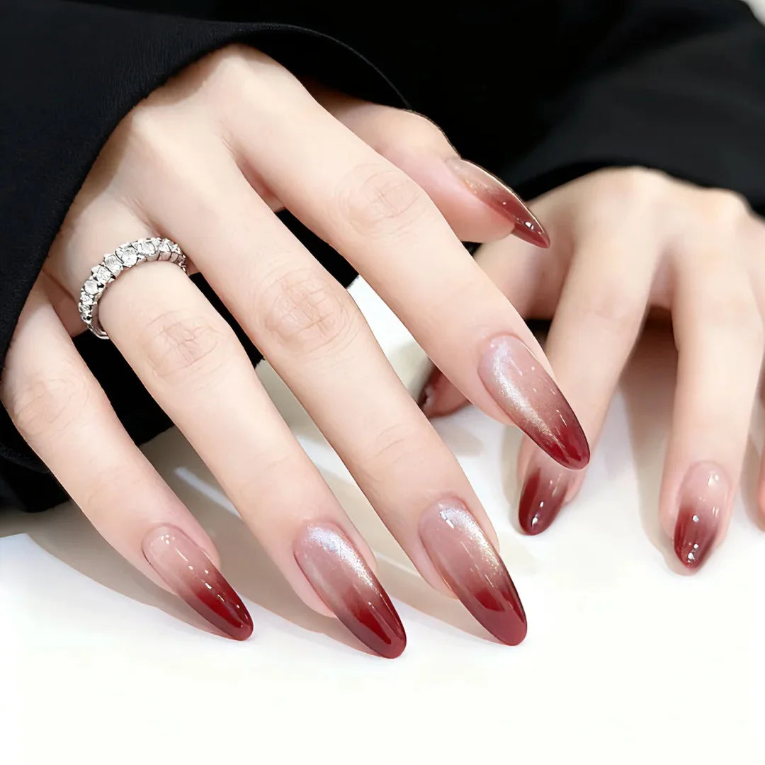 YICKYUE  -  10pcs Fake Nails - Fall/Winter Collection Simple Skin-Brightening Burgundy Ombre Cat Eye Press-On Nails Perfect Gift for Women