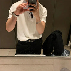 Hearujoy 2024 Spring Men's Clothing T Shirt for Men Short Sleeve Knitted Stretch Korean Style Solid Color Retro Summer Slim Fit Men's Top