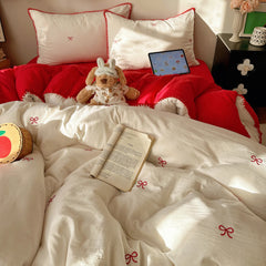 YICKYUE  -  Ins Cream Style Bedding Set Red Embroidery Bow Triangular Needle Stitching Double-layer Yarn Soft Comfortable Bedroom Decoration