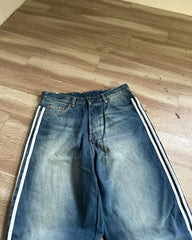 Hearujoy Simple Retro Y2K Harajuku Sports Striped Embroidered Washed Blue Jeans Men's Street Trend Loose Wide-leg Pants Skateboard Pants
