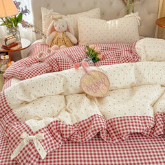 YICKYUE  -  3/4Pcs Bedding Set Plaid Polka Dot Cotton Bedding Princess-Style For Home Double Bed Duvet Cover Bed Sheets With Pillowcase