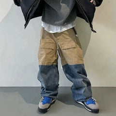 Hearujoy Color Match Ripped Hole Baggy Multi-pockets Wide Leg Cargo Pants Mens Streetwear Patchwork Loose Baggy Overalls Oversized Jeans