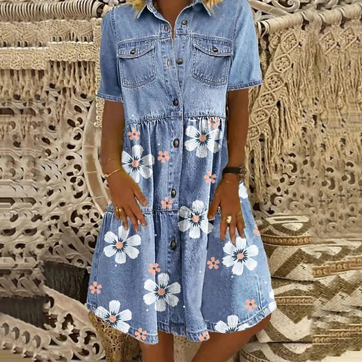 HEARUJOY  -  Women Elegant Turn-Down Collar Denim Dress Spring Floral Print Button Shirt Dress Summer Short Sleeve A-Line Party Dress Vestido