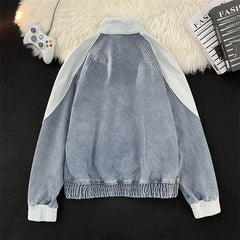 Hearujoy American Street Denim Patchwork Embroidered Stand Up Collar Jacket for Men Women Loose Versatile Casual Corduroy Bomber Jacket
