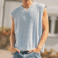 HEARUJOY  -  Men's Color Matching Knitted Sleeveless Vest Retro Fashion Trend Simple Casual Loose Breathable Summer New Men's Tops