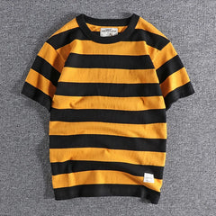 HEARUJOY  -  Summer Casual Stripe Short Sleeve T Shirt Streetwear American Styles Heavyweight Men's Cotton Loose Half Sleeve Tops Tee