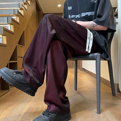Hearujoy Summer Ice Silk Draped Straight Pants Plus Size 5XL-M Men's Thin Casual Pants Men Loose Comfortable Wide Leg Pants Wine Red