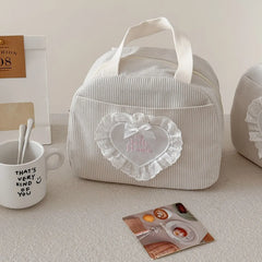 YICKYUE  -  Large Capacity Corduroy Lunch Bag Lace Heart Design Portable Food Pouch Lunch Organizer for Students Office Commute Use