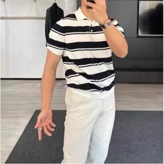 HEARUJOY  -  Men's Summer Striped Ice Silk Knit T-shirt Short Sleeve Lapel Versatile Casual Basic Top For Outer Wear