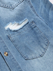 HEARUJOY  -  Men's summer blue short - sleeved denim shirt with ripped details. The ripped design elements showcase a trendy and casual style