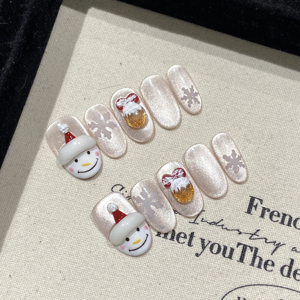YICKYUE  -  10pcs Handmade Press on Nails Christmas Fake Nails Hand-painted Carved 3D Snowman Decor Wearable Crystal Cat's Eye False Nails