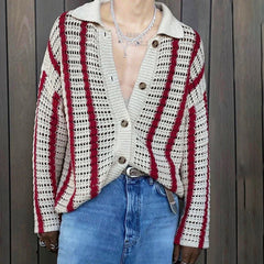 Hearujoy Fashion Stitching Contrast Knitted Cardigan Men's Lapel Collar Niche Design Retro Sweater Unisex Coat Versatile Striped Knitwear
