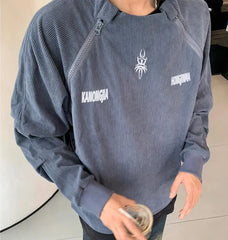HEARUJOY  -  High Street Embroidered Sweatshirt Mens Corduroy Half Zipper Design Trend Tops Round Neck Letters Harajuku Pullover Shirt