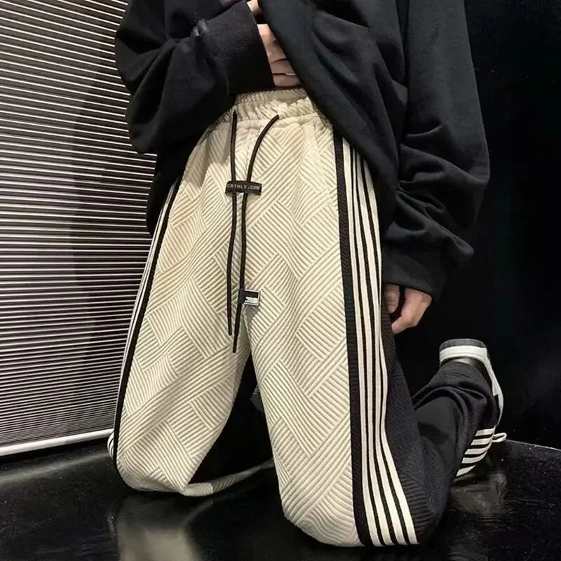 HEARUJOY  -  Autumn Winter Men's Loose Straight Leg Casual Pants Trendy Brand Long Black Hong Kong Style Stripe Versatile Casual Trousers