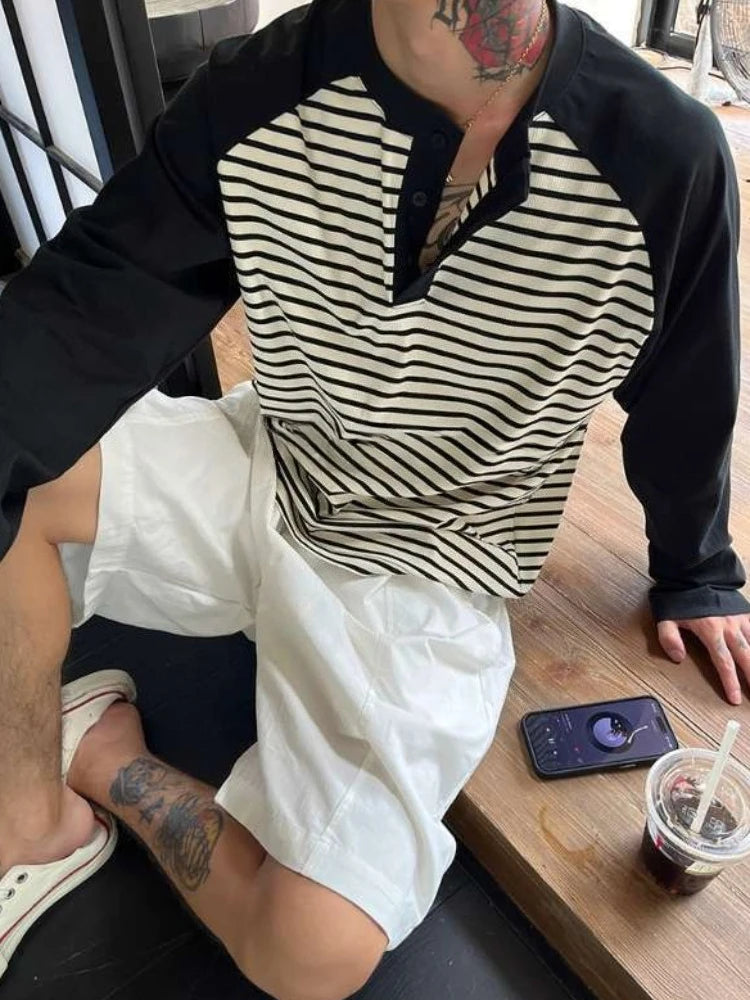 HEARUJOY  -  Autumn Winter Men's Plus Size 300 Jin 150kg Loose Fit Long Sleeve T Shirt Color Blocking Raglan Striped Layering Top