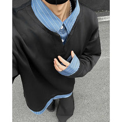 HEARUJOY  -  Black Grey Lapel Hoodie Men Fashion Striped Sweatshirt Men Streetwear Korean Loose Pullover Hoodie Mens Hoody Large Size 4XL