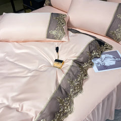 YICKYUE  -  Luxury Bedding Set 3Pcs Duvet Cover Set King Size Bed Skirt Lace Double Side Washed Silk Design Reactive Printing Sleep Coolly