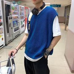 HEARUJOY  -  Men's Clothing Blue Plain Sleeveless Vest Knit Sweater Male Waistcoat V Neck Solid Color Warm Classic Cheap Japanese Retro Wool