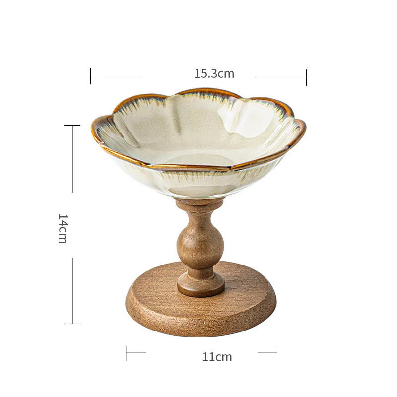 YICKYUE  -  Chinese Retro Style Wooden High-Footed Ceramic Fruit Dish Creativity Living Room Fruit Dim Sum Storage Tray Desktop Ornament
