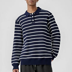 HEARUJOY  -  Men's Button Polo Collar Business Stripe Pullover Sweaters Streetwear Fashion Loose Casual Vintage Knitted Sweater For Male Tops