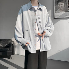 YICKYUE  -  Men's Solid Color Long Sleeve Casual Shirt M-XXXXXL Single Breasted Pocket Loose Fit Blouse Spring Autumn Top Streetwear
