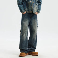 Hearujoy Both Side Hole Ripped Casual Bootcut Men and Women Streetwear Washed Blue Jeans Pants Distressed Casual Denim Trousers Oversize