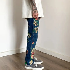 HEARUJOY  -  Y2K Fashion Flowers Print Slim Hip Hop Jeans Pants For Men Clothing Skateboard Streetwear New Rock Denim Trousers