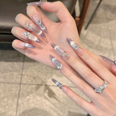 YICKYUE  -  Handmade Press on Nails Glitter Rhinestone Purple Cat Eye Fake Nails Full Cover Wearable European Long Oval Head False Nails