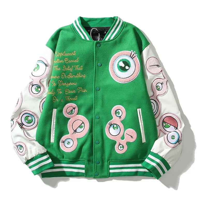 Hearujoy High Street Pu Leather Sleeve Patchwork Embroidery Wool Bomber Jacket for Men Autumn and Winter Windbreaker Casual Coat Oversize