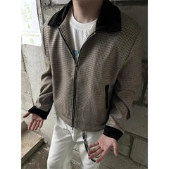 Hearujoy Plaid Retro Jacket Men's Spring Autumn Streetwear American Lapel Jacket Color Blocking Design Coat High-end Motorcycle Suit Top