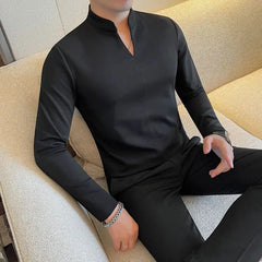 HEARUJOY  -  New Chinese Solid Color Slim and Simple Men's T-shirt Stand Collar Elastic Casual V-neck T Base Shirt