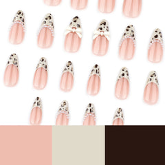 YICKYUE  -  Wearable Press On Nails Leopard Print Almond False Nails French Style Nail Tip With Pearl Bow Design Women Girls Manicure 24pcs