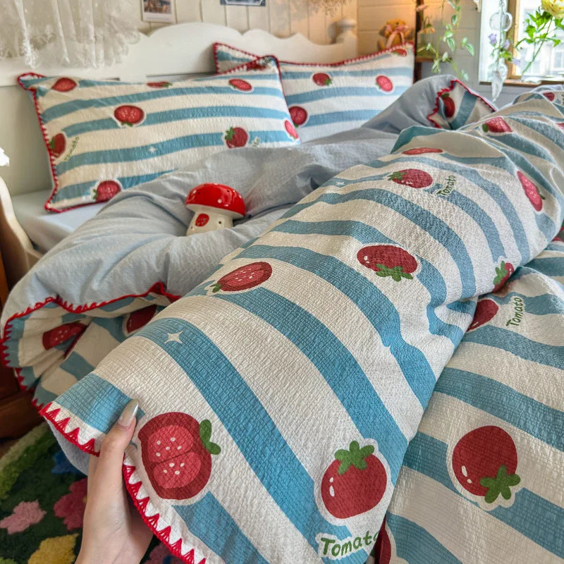 YICKYUE  -  Cartoon Printing 100% Cotton Bed Sets Naked Sleeping Super Soft Bedding Set for Dorm Skin-Friendly Bedroom Textile for Single