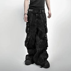 Hearujoy American Vintage Gothic Black Y2K Washed Multi-Pocket Spliced Raw Edge Jeans Mens Loose Street Trend Hip Hop Rap Wide Leg Pants