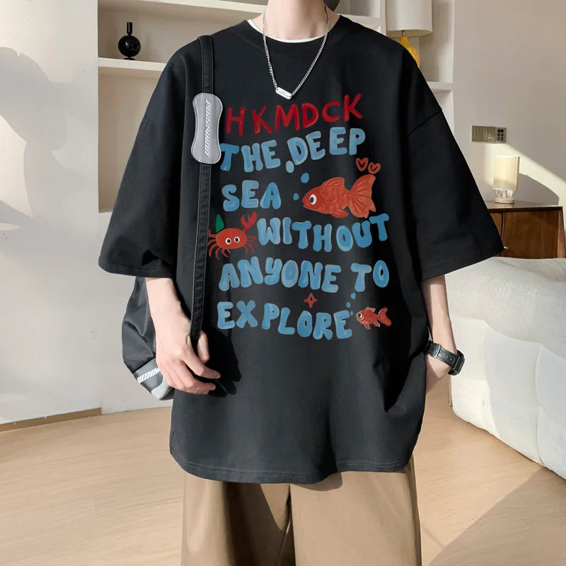YICKYUE  -  Mens Oversized T Shirt White 5XL Men's Cotton T-shirts Summer Casual Wear Fish Letter Print Tee Shirts for Men Male Clothes