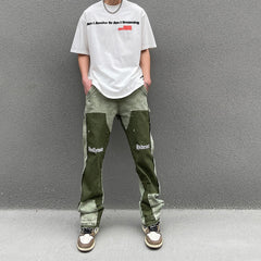 Hearujoy Vintage Distressed Jeans Green Graffiti Mens Flared Denim Jean Hip Hop Splash Ink Y2k Street Wear Casual Slim Fit Jean Man Pant