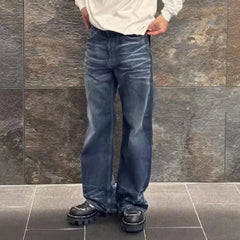 Hearujoy Vintage Wrinkle Textured Washed Denim Jeans Mens and Womens Casual Loose Jeans Streetwear Baggy Pockets Cargo Pants Oversized