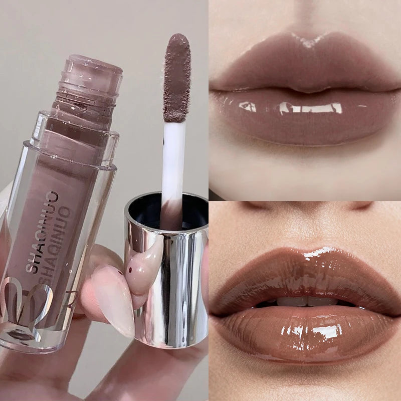 YICKYUE  -  Dark Brown Gothic Lip Glaze Silver Metallic Lip Gloss Punk Black Mirror Light Lip Oil Non-Sticky Water Gloss Lips Tint Makeup