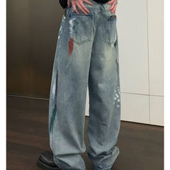 HEARUJOY  -  Street Graffiti Mens Jeans Autumn High Street Color Blocked Washed Wide Legs Cowboy Pants Loose Straight Tube Denim Trousers